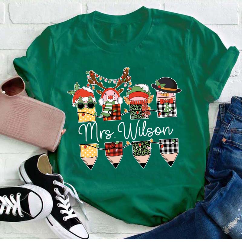 Personalized Name Cute Christmas Pencils Teacher T-Shirt