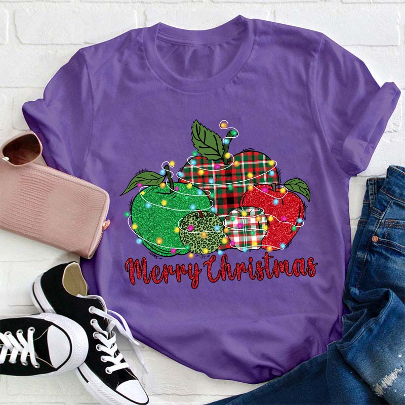 Christmas Apples Surrounded By Lights Teacher T-Shirt