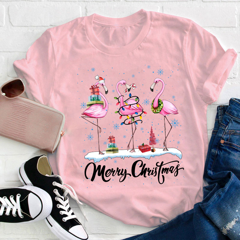 Pink Flamingo Merry Christmas Teacher T-Shirt