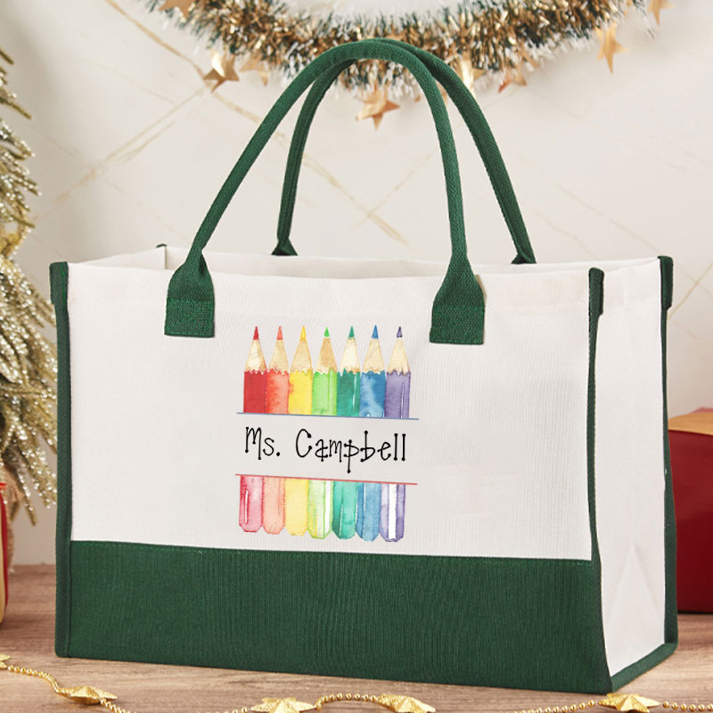 Personalized Teacher Letter Colorful Pencils Teacher Cotton Tote Bag