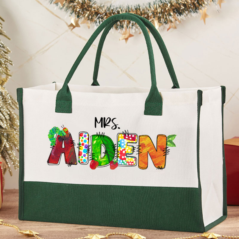 Personalized Name Caterpillar Apple Teacher Cotton Tote Bag