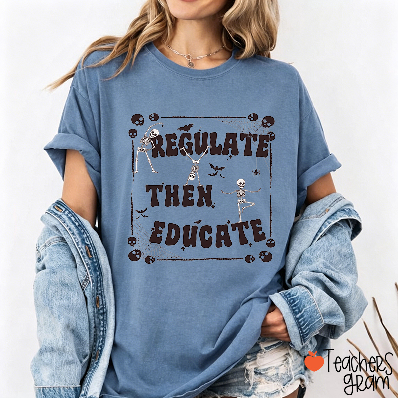 Regulate Then Educate Vintage Dancing Skeleton Bat Halloween Teacher T-Shirt