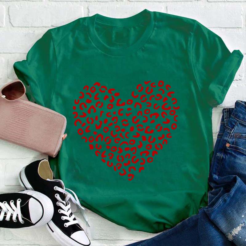 Red Leopard Heart Teacher T-Shirt