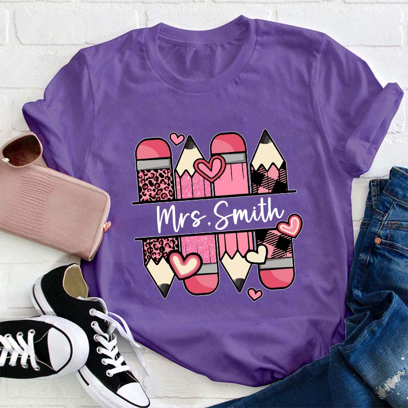 Personalized Name Pink Pencil Teacher T-Shirt