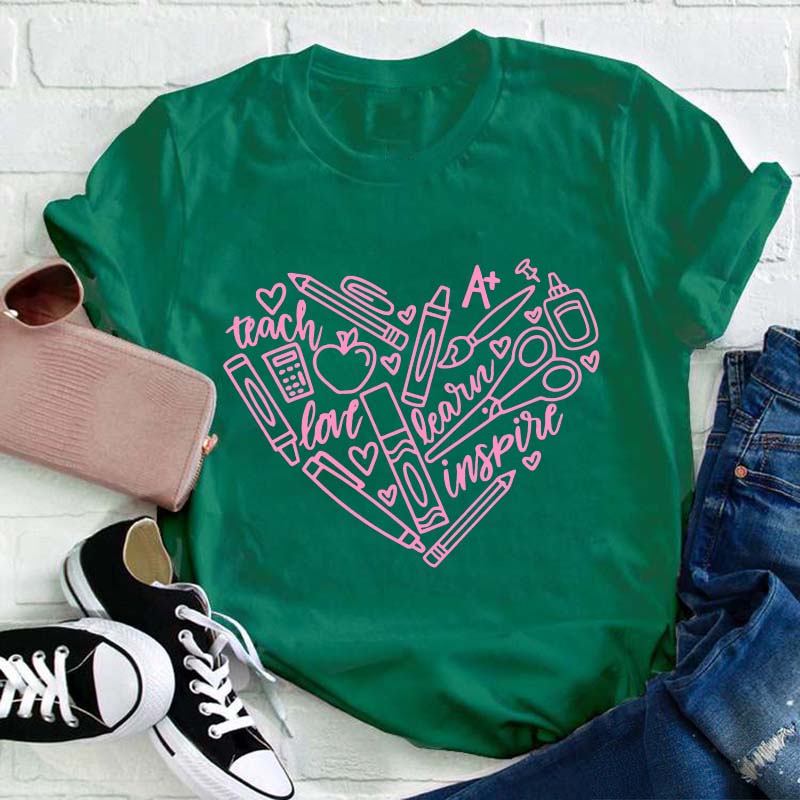 Teach Learn Inspire Heart Teacher T-Shirt