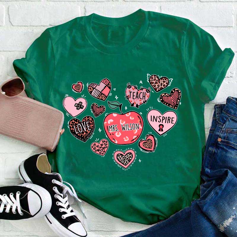 Personalized Teach Love Inspire Heart Teacher T-Shirt