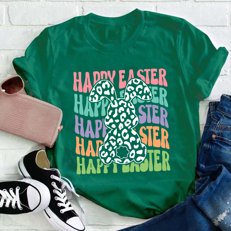 Happy Easter Leopard Bunny Teacher T-Shirt