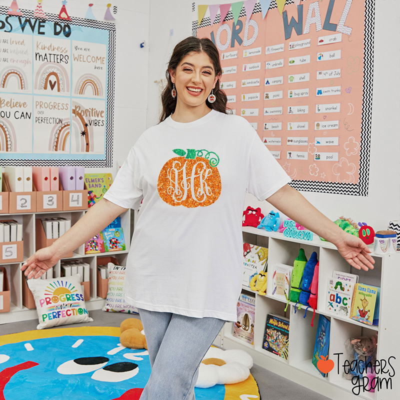 Personalized Initials Glitter Pumpkin Teacher T-Shirt
