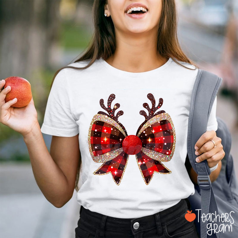 Glitter Reindeer Bow Teacher T-Shirt