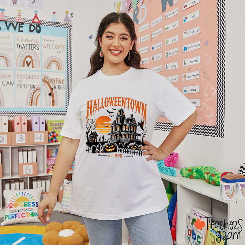 Halloween Town Pumpkin Ghost Bat Teacher T-Shirt
