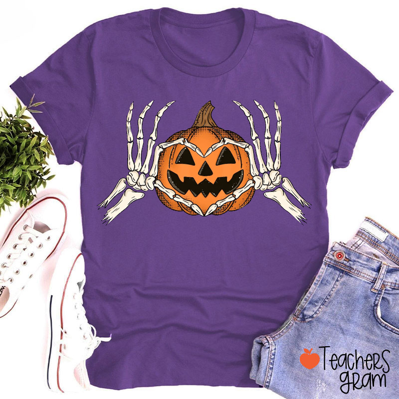 Skeleton Hands Heart Pumpkin Halloween Teacher T-Shirt
