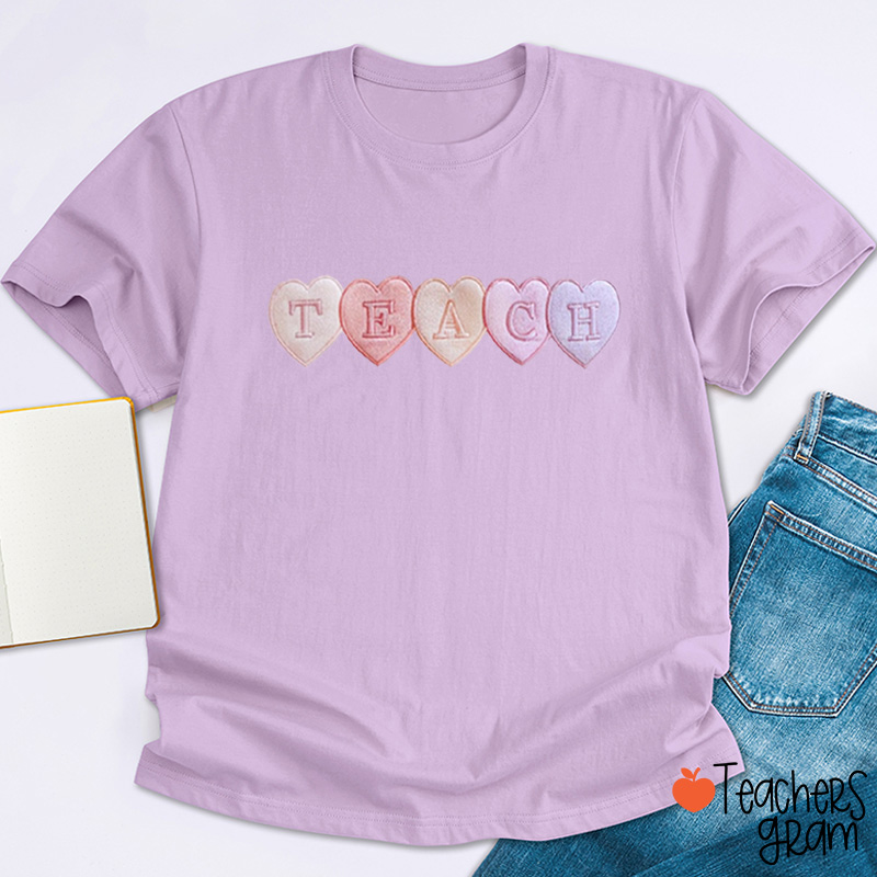 Cute Embroidery Pink Heart Teacher T-Shirt