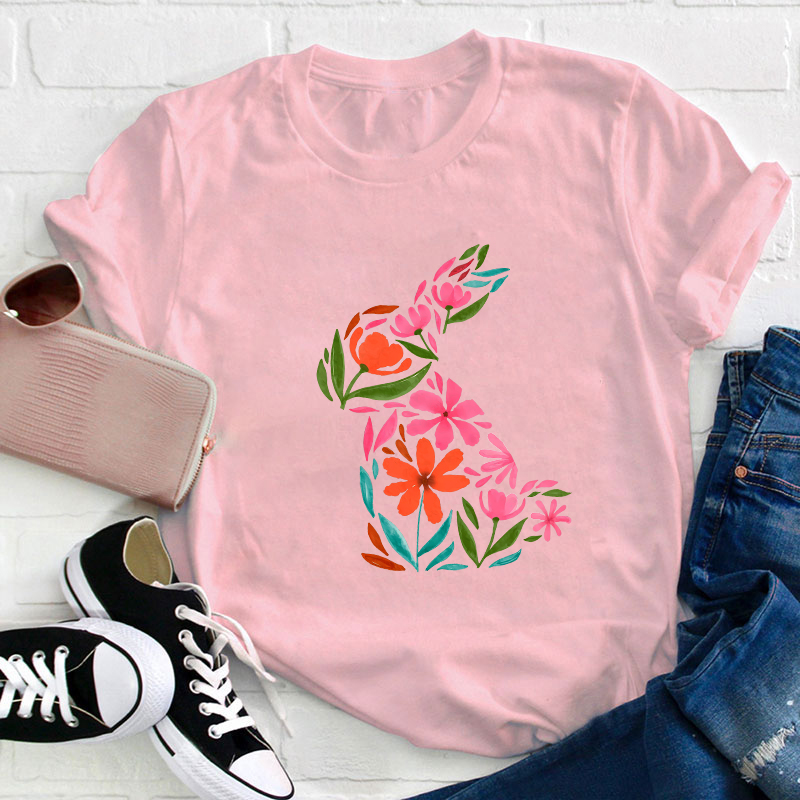 Pink Flower Spring Bunny Teacher T-Shirt