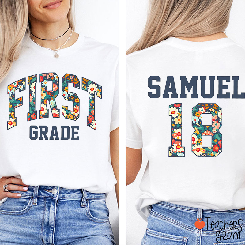 Personalized Grade Number Flower Blue Teacher Two Sided T-Shirt
