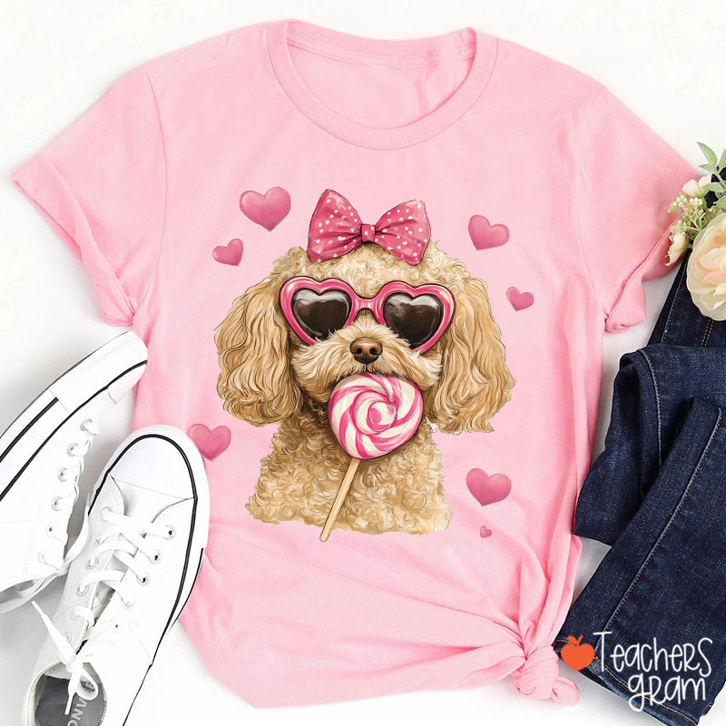 Cute Dog With Heart Sunglasses And Lollipop Teacher T-Shirt