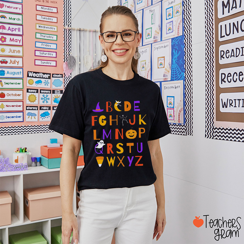 Skull Ghost Pumpkin Alphabet Teacher T-Shirt