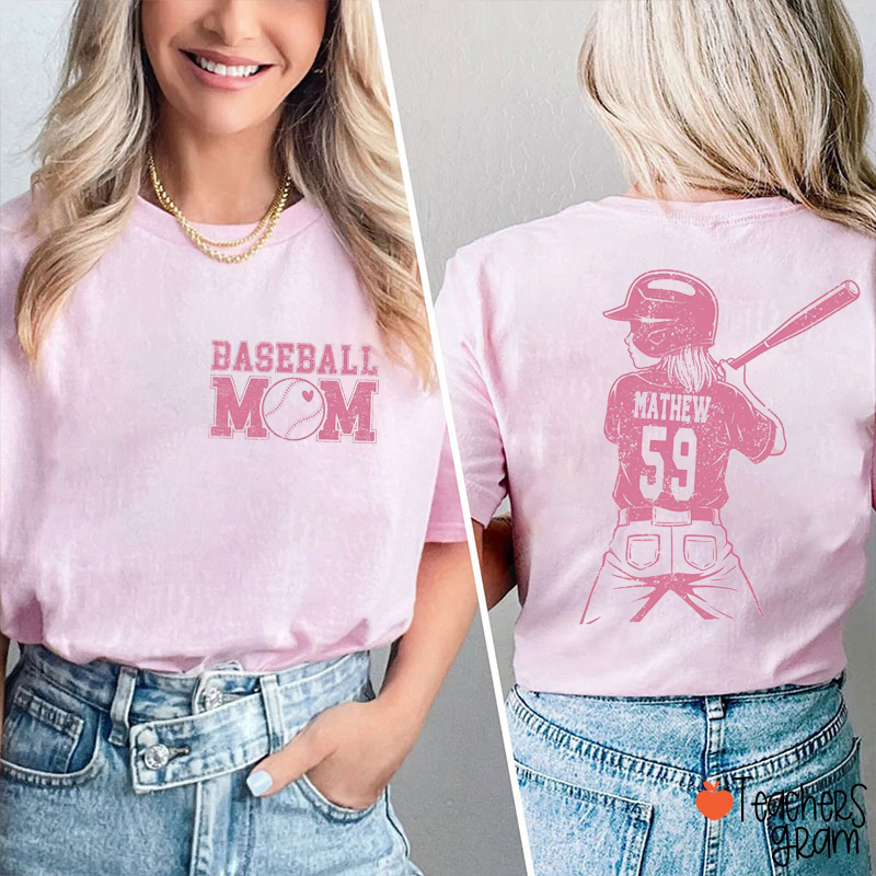 Personalized Baseball Mom Gameday Teacher Two Sided T-Shirt