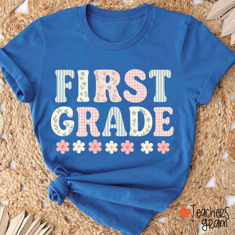 Personalized Grade Floral Vertical Stripes Teacher T-Shirt