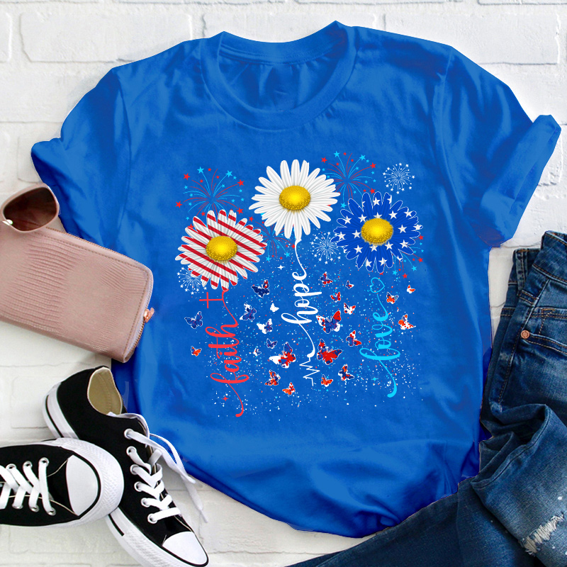 Faith Hope Love Flag Sunflower Teacher T-Shirt