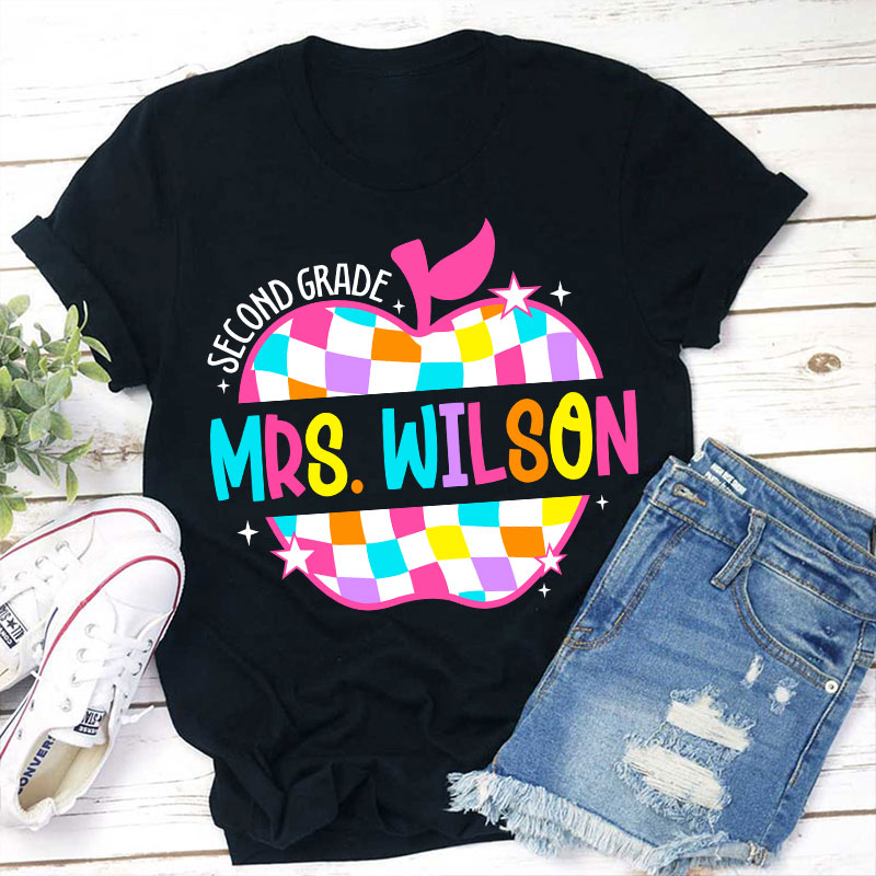 Personalized Colorful Checkerboard Hollow Apple Teacher T-Shirt