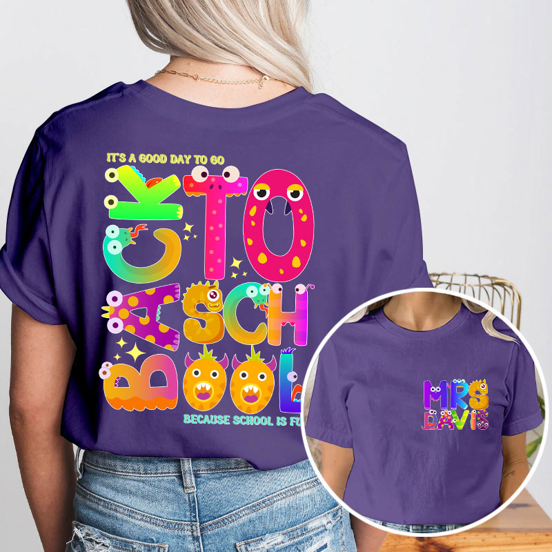 Personalized Name Cute Animal Alphabet Teacher Two Sided T-Shirt