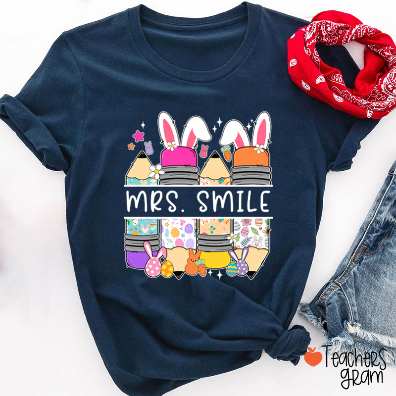 Personalized Name Bunny Pencil Teacher T-Shirt
