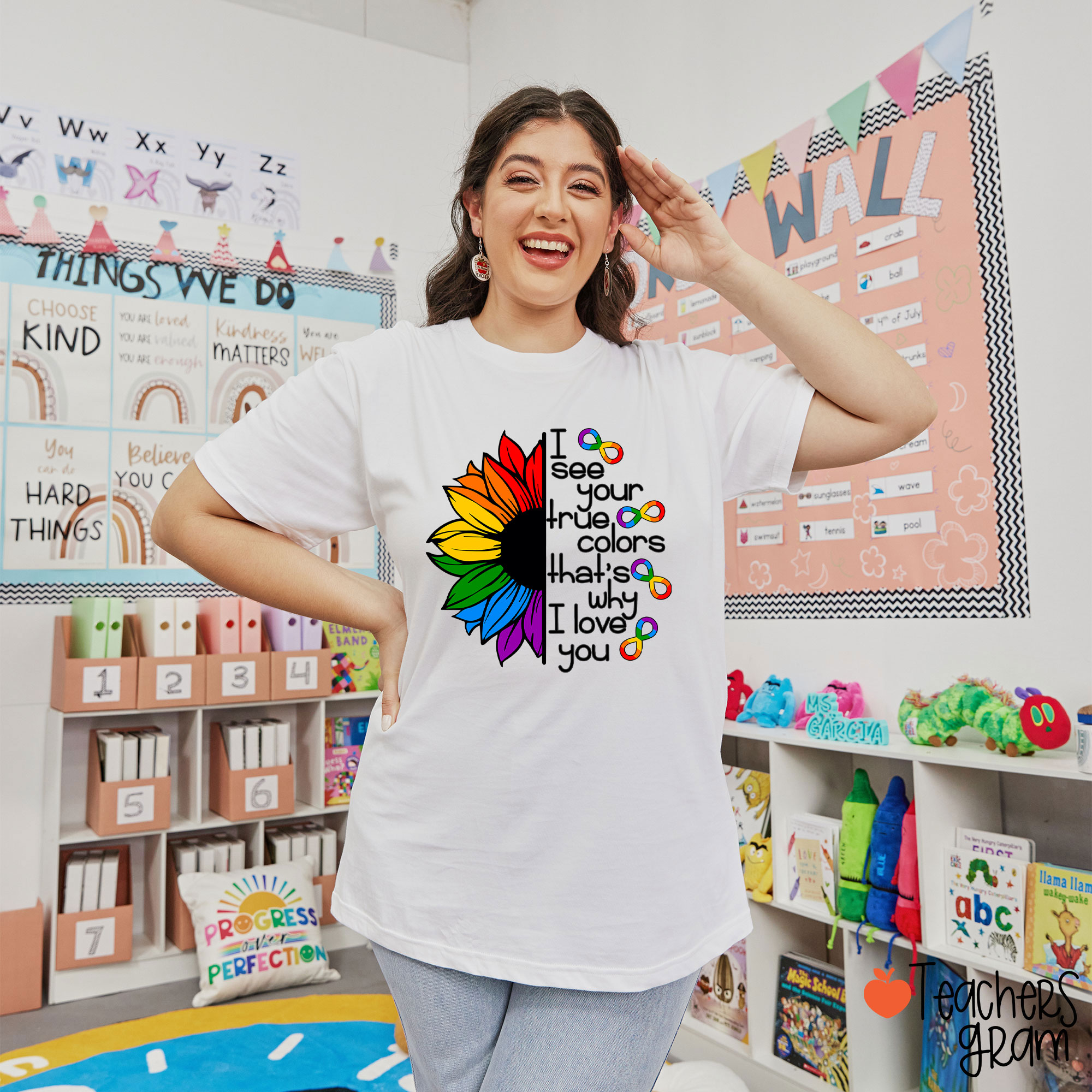 Rainbow Sunflower I See Your True Colors That's Why I Love You Teacher T-Shirt