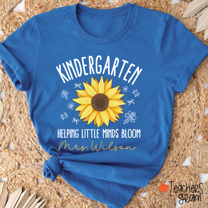 Personalized Grade And Name Helping Little Minds Bloom Teacher T-Shirt