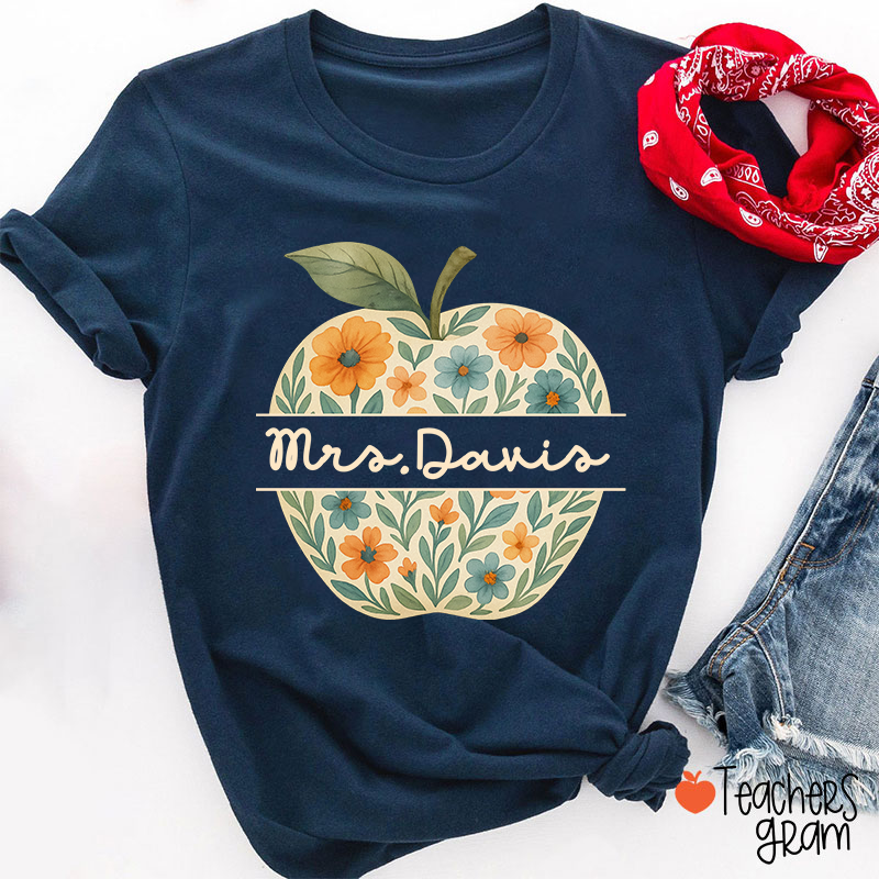Personalized Name Vintage Floral Apple Teacher T-Shirt