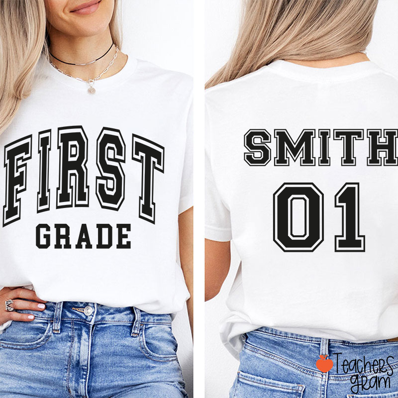 Personalized Grade And Name Simple Fonts Back To School Teacher Two Sided T-Shirt