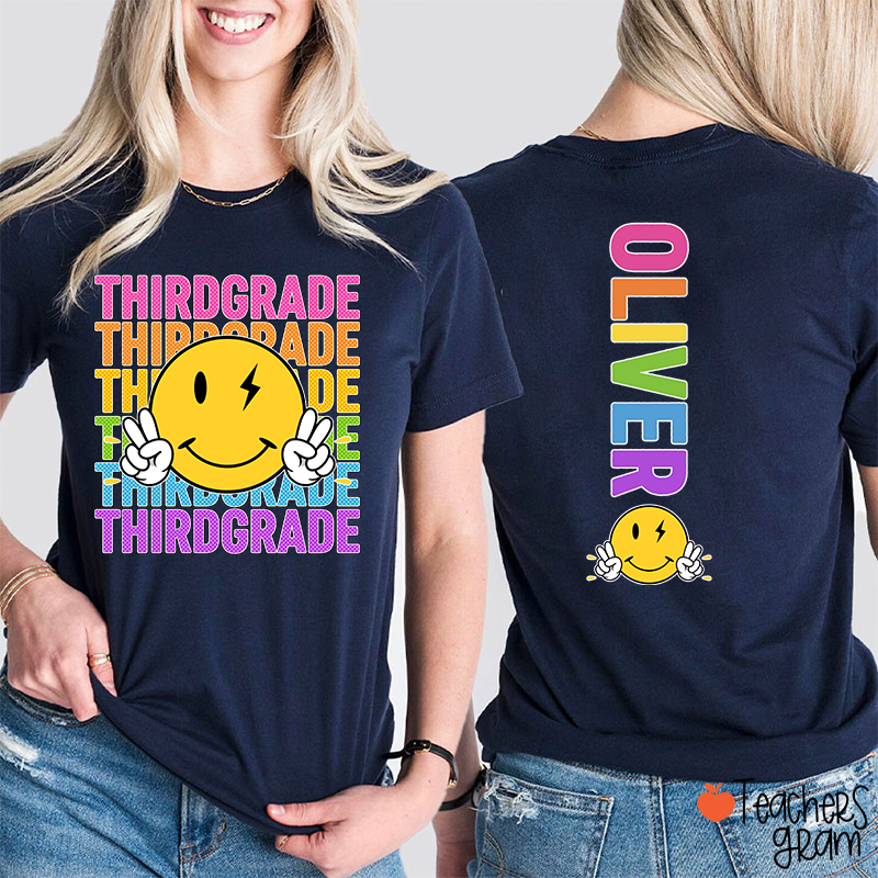 Personalized Grade And Name Smiley Face Teacher Two Sided T-Shirt