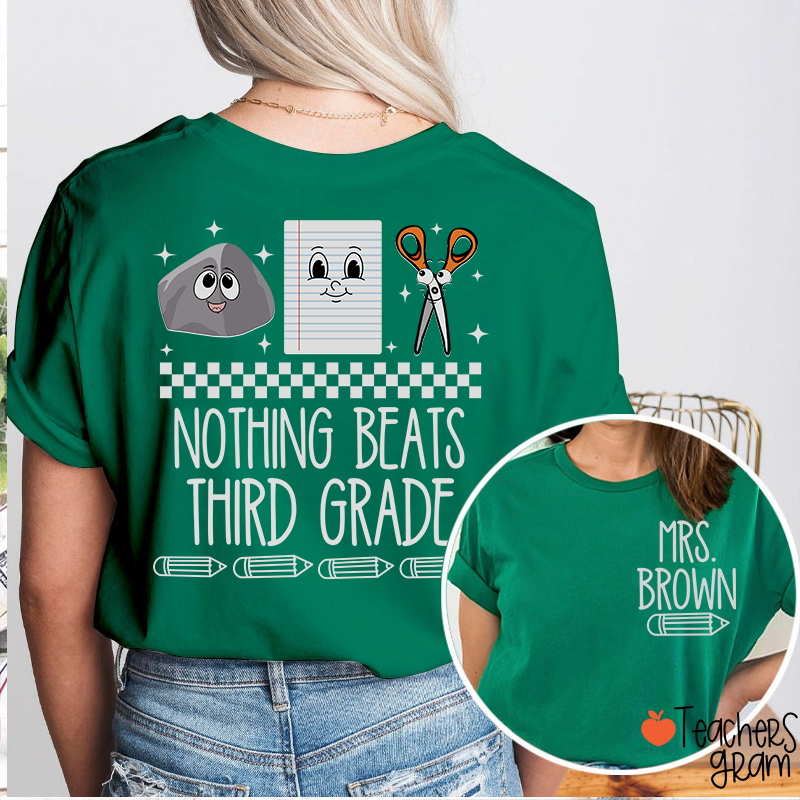 Personalized Grade Name Pencil Rock Checkerboard Notebook Scissors Teacher Two Sided T-Shirt