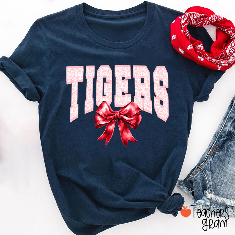 Personalized Mascot Toile Floral Coquette Bow Teacher T-Shirt