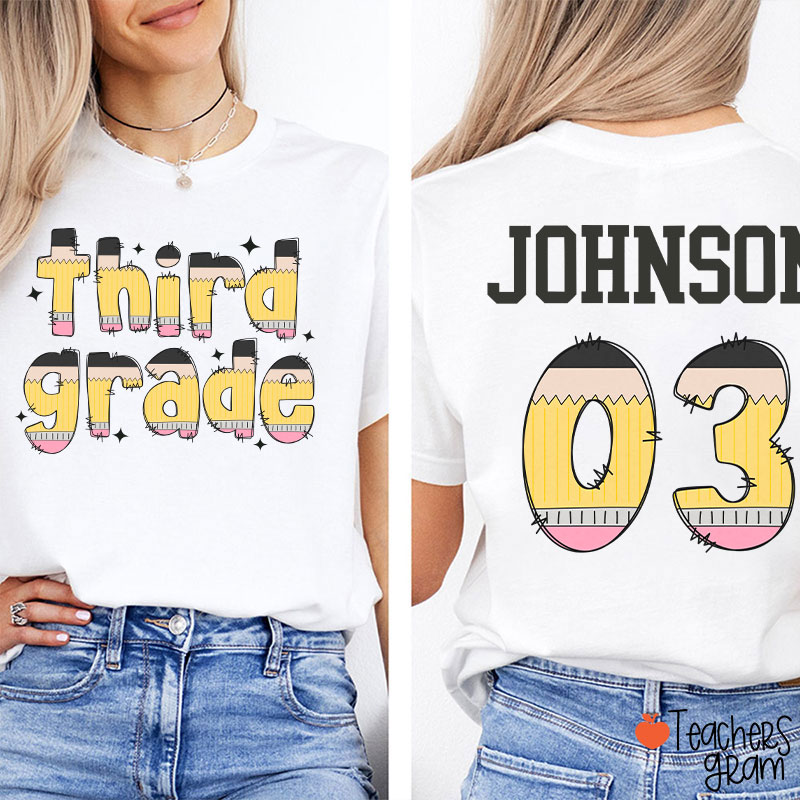 Personalized Pencil Pattern Letters And Numbers Teacher Two Sided T-Shirt