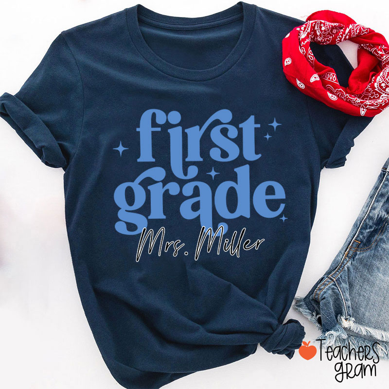 Personalized Grade Name Monochrome Stars Teacher T-Shirt