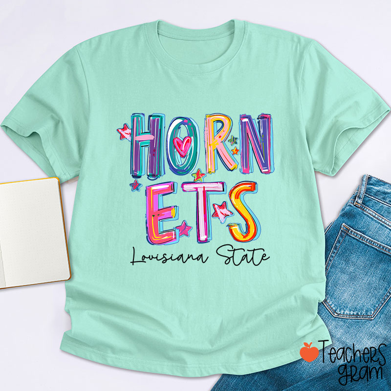 Personalized Mascot And School Name Star Watercolor Brushstrokes Teacher T-Shirt