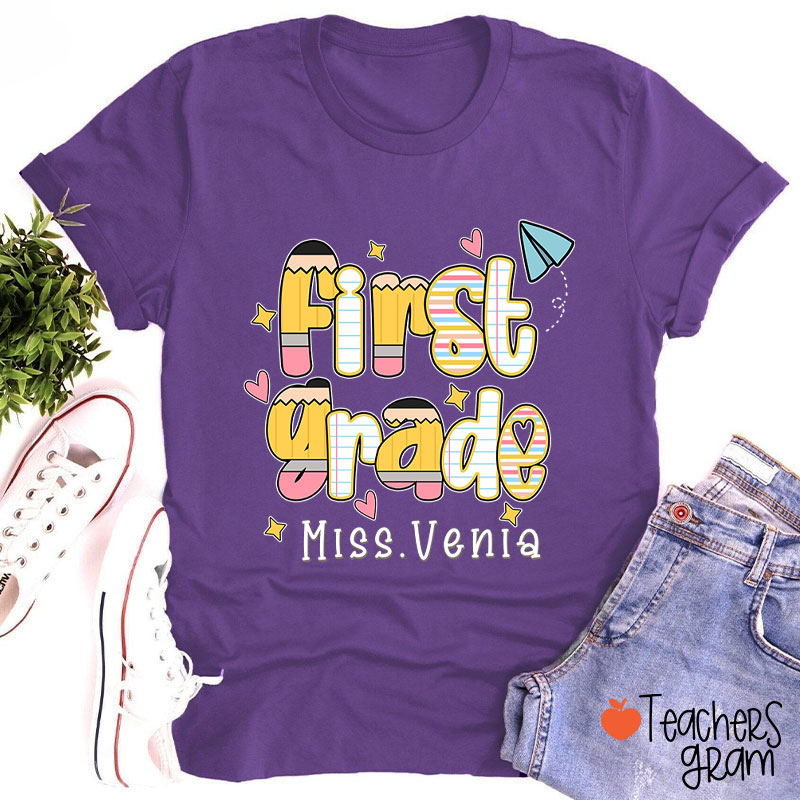 Personalized Name Grade Pencil Notebook Heart Star Paper Plane Teacher T-Shirt
