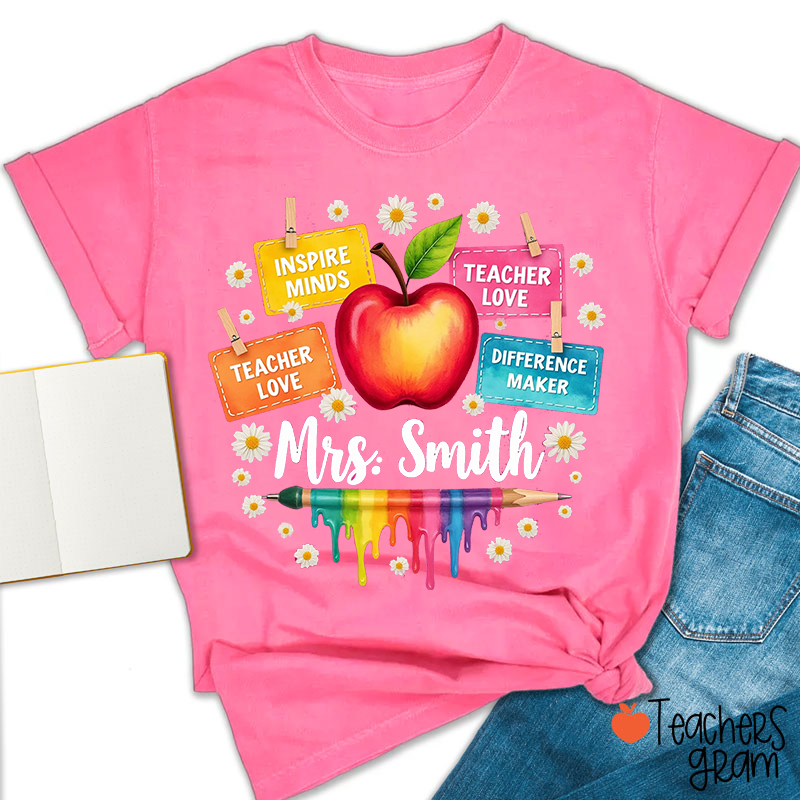 Personalized Name Apple Pencil Paint Color Daisy Teacher T-Shirt