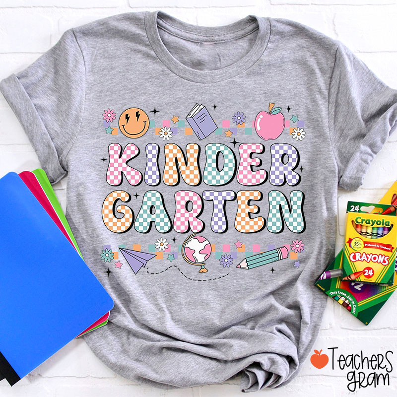 Personalized Grade Colored Checkerboard Apple Smiley Face Teacher T-Shirt