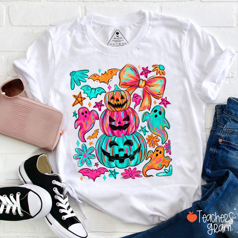 Preppy Neon Halloween Pumpkin Ghost Teacher T-Shirt