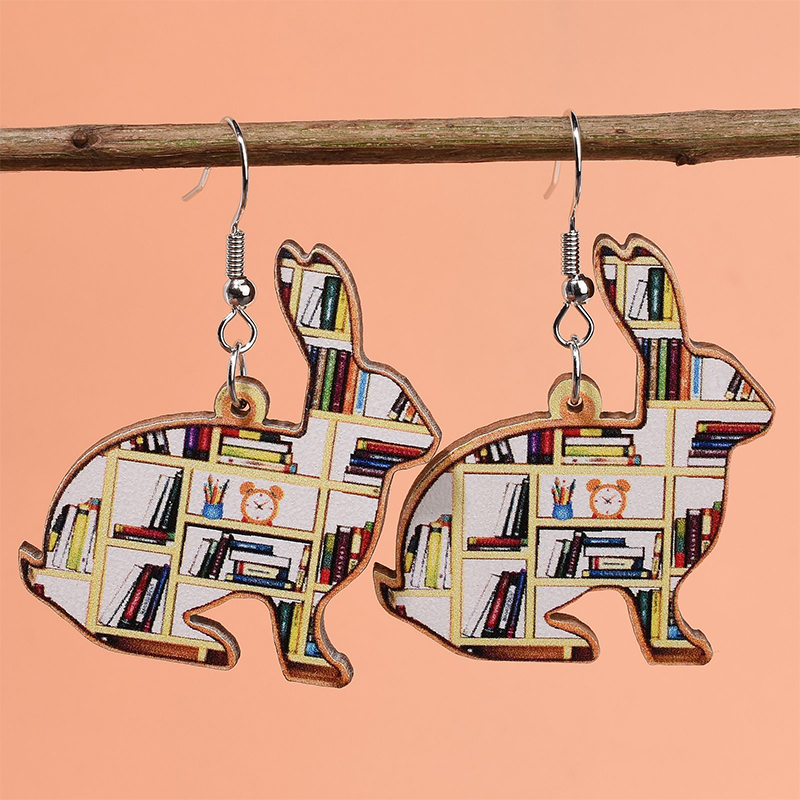 Bookcase Rabbit Teacher Wooden Earrings