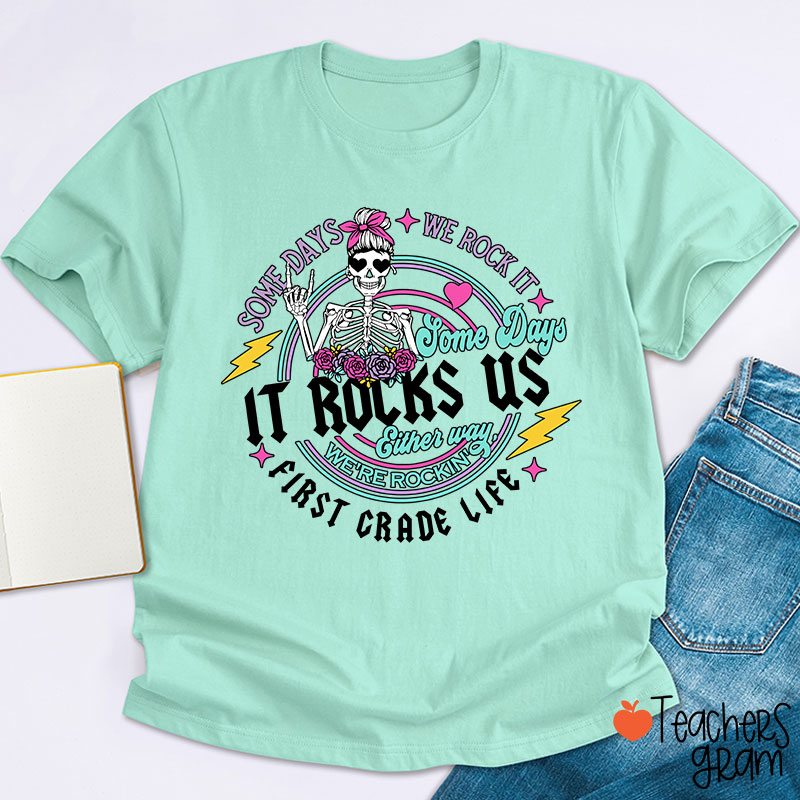 Personalized Grade Name Rock Skull Bow Lightning Teacher T-Shirt