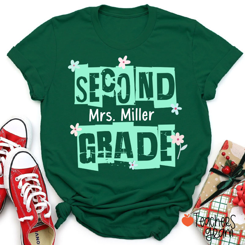 Personalized Grade Name Hollow Monochrome Flowers Teacher T-Shirt