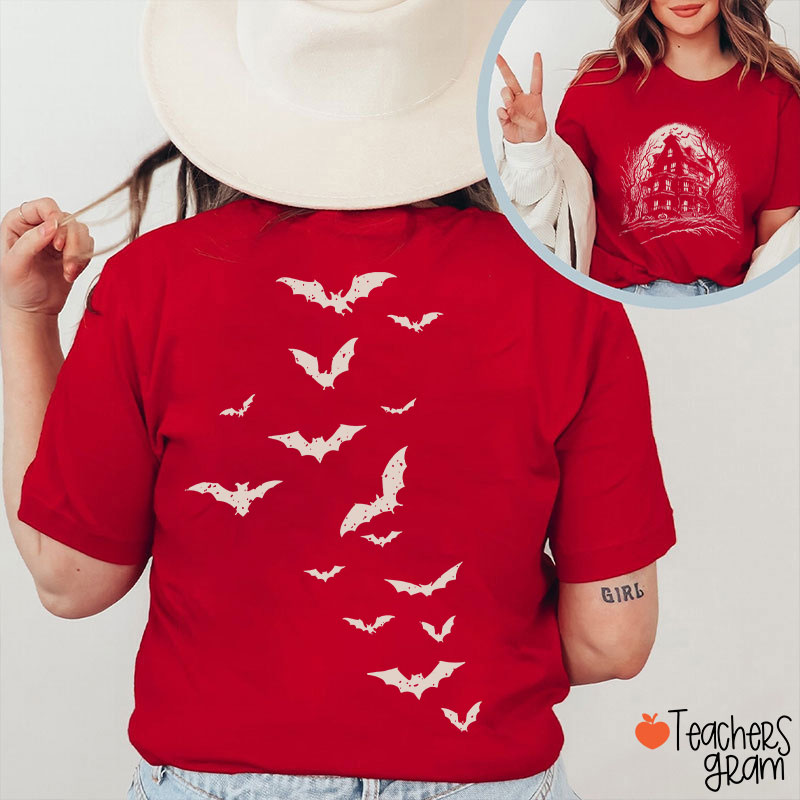 Vintage Haunted House Spooky Season Teacher Two Sided T-Shirt