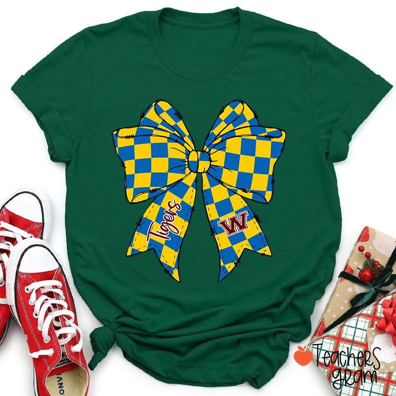 Personalized Mascot Checkered Bow Game Day Teacher T-Shirt