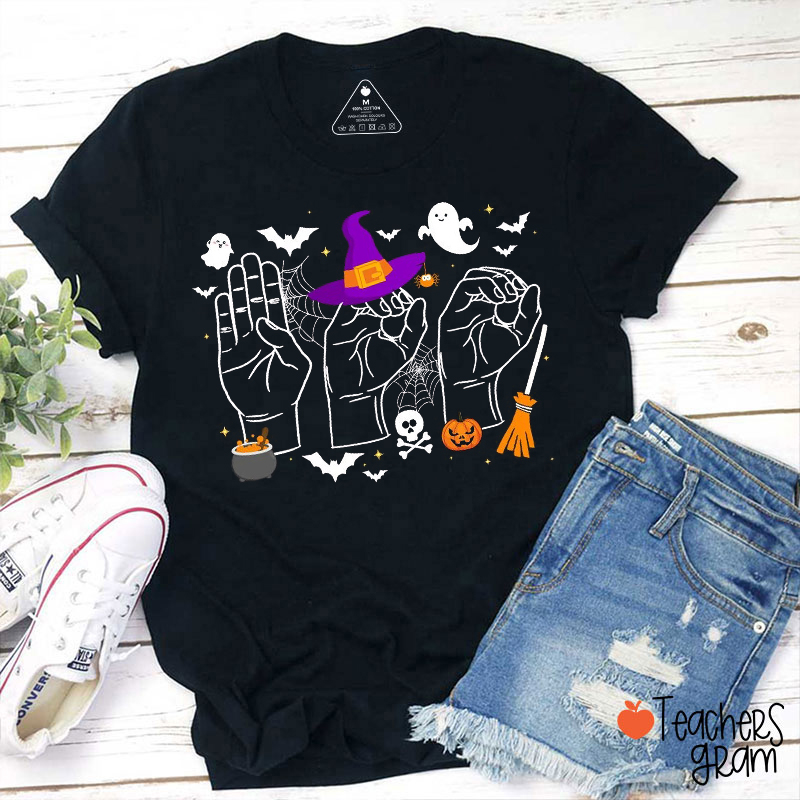 Halloween Hand Signs With Spooky Teacher T-Shirt
