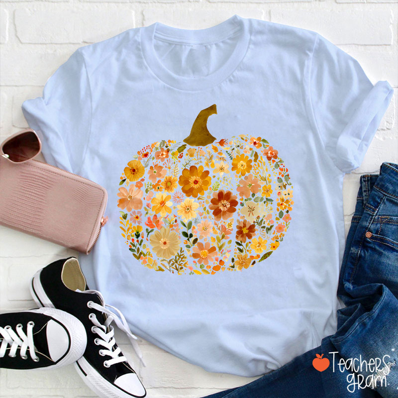 Pumpkin Orange Flowers Grass Teacher T-Shirt