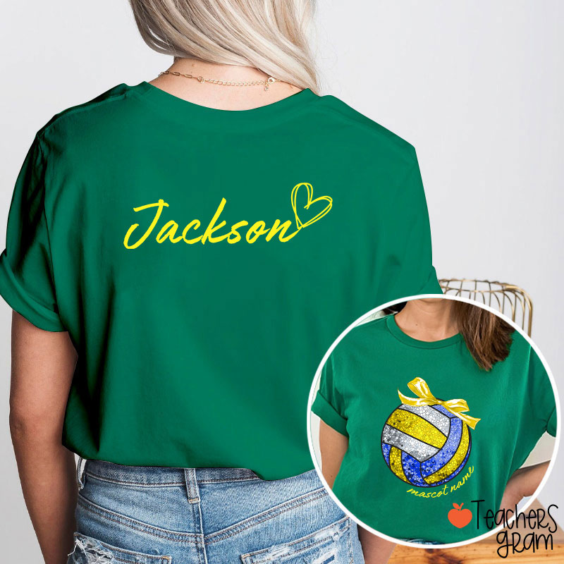 Personalized Mascot And Sport Faux Glitter Coquette Bow Teacher Two Sided T-Shirt