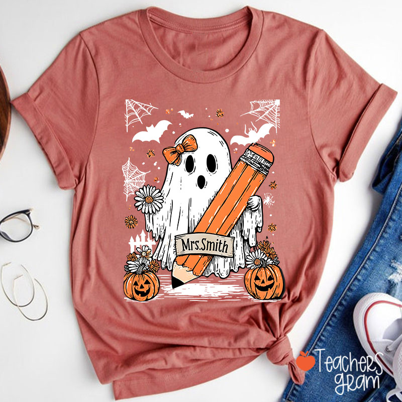 Personalized Name Cute Ghost Floral Halloween Teacher T-Shirt