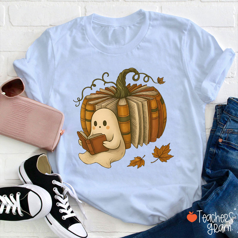 Ghost Reading Book Pumpkin Teacher T-Shirt